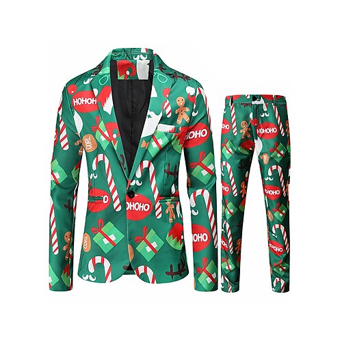 

Dark Green Men's Christmas Suits 2 Piece Patterned Standard Fit Single Breasted One-button 2022