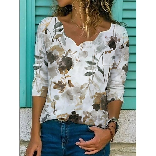 

Women's T shirt Tee White Floral Long Sleeve Home Casual Basic V Neck Regular S