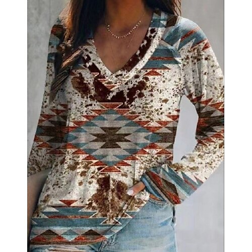 

Women's T shirt Tee Red Geometric Print Long Sleeve Casual Daily Basic Ethnic V Neck Regular Geometric S