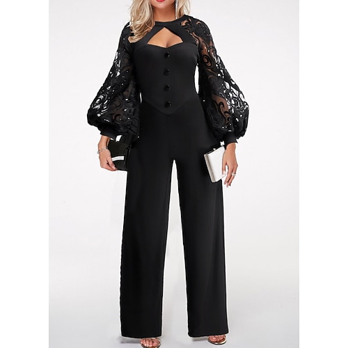 

Women's Jumpsuit Lace Mesh Solid Color Crew Neck Business Business Work Straight Regular Fit Long Sleeve Black S M L Fall