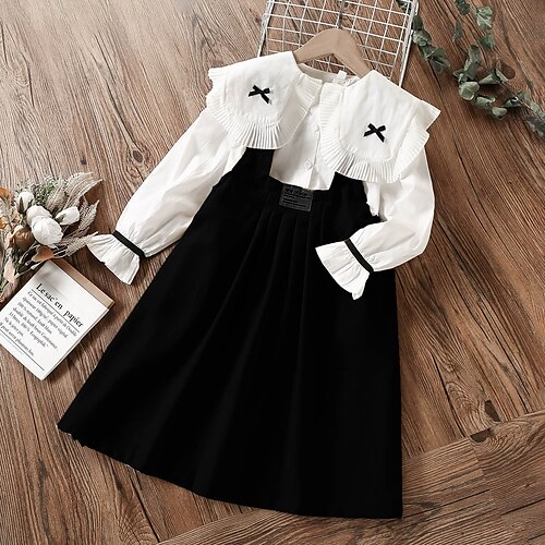 

2 Pieces Kids Girls' Solid Color Ruched Dress Suits Set Long Sleeve Cute School 7-13 Years Winter Black Khaki / Fall / Spring / Summer / Knee-length