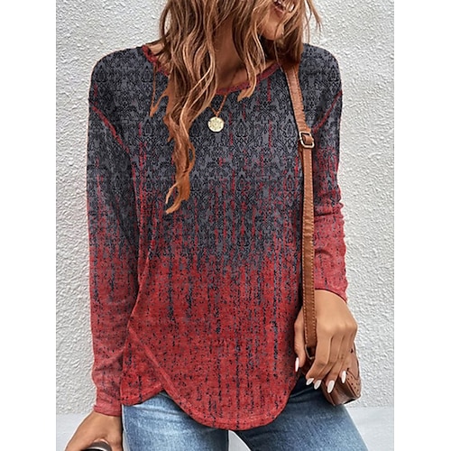 

Women's T shirt Tee Blue Orange Red Tie Dye Print Long Sleeve Holiday Weekend Basic Round Neck Regular Painting S