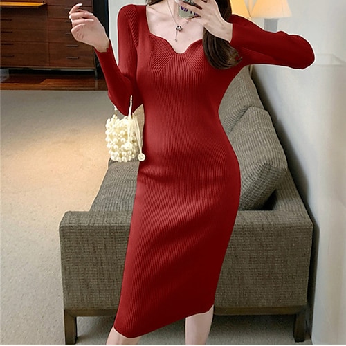 

Women's Sweater Dress Winter Dress Sheath Dress Red Beige Black Long Sleeve Pure Color Knit Winter Fall Square Neck Stylish Elegant 2022 One-Size Winter Dress