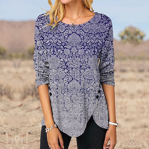 

Women's T shirt Tee Blue Graphic Print Long Sleeve Holiday Weekend Basic Round Neck Regular Painting S