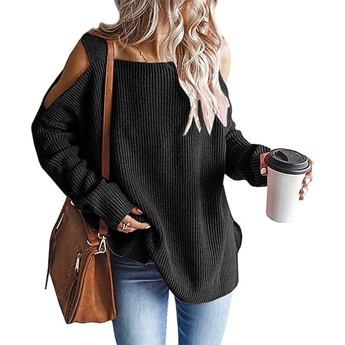 

Damen Pullover Strickwaren Gerippt Stricken Strick Kalte Schulter Einfarbig Quadratischer Ausschnitt Stilvoll Casual Outdoor Täglich Winter Herbst Schwarz Beige Leicht Blau S / Langarm