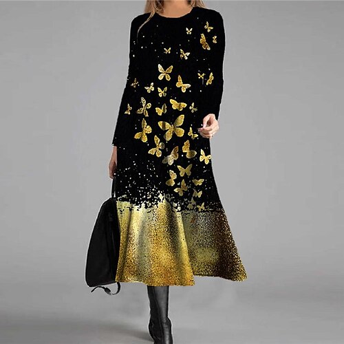 

Women's Casual Dress Swing Dress Midi Dress Blue Yellow Red Gray Long Sleeve Animal Butterfly Pocket Print Winter Fall Vacation Casual Fall Dress 2022 S M L XL XXL 3XL / Winter Dress