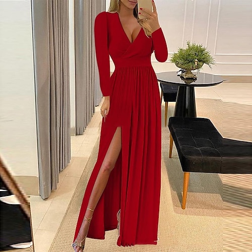 

Women's Sheath Dress Long Dress Maxi Dress Black Blue Pink Long Sleeve Pure Color Ruffle Winter Fall Autumn Deep V Mature Winter Dress Weekend Fall Dress 2022 S M L XL 2XL 3XL