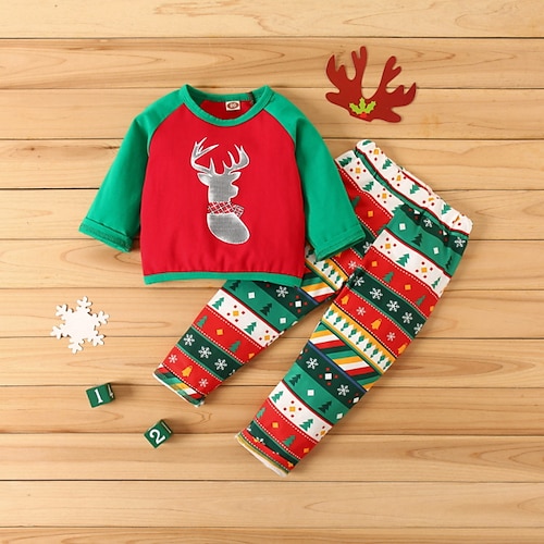 

2 Pieces Toddler Boys T-shirt & Pants Outfit Elk Christmas Tree Long Sleeve Cotton Set Outdoor Fashion Daily Winter Fall 3-7 Years Red