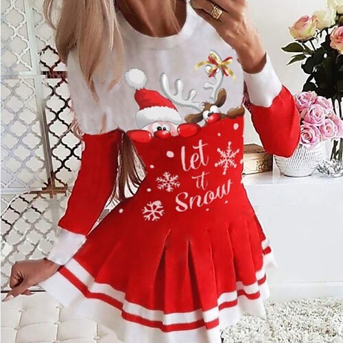 

Women's Christmas Short Mini Dress Green Blue Purple Red White Black Long Sleeve Letter Santa Claus Snowflake Patchwork Print Fall Winter Crew Neck Stylish Modern 2022 S M L XL XXL