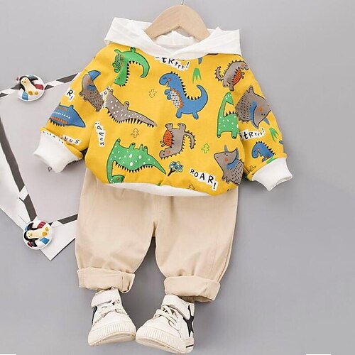 

2 Pieces Kids Boys Hoodie & Pants Clothing Set Outfit Dinosaur Long Sleeve Print Set Daily Comfort Fall Spring 2-8 Years Yellow White