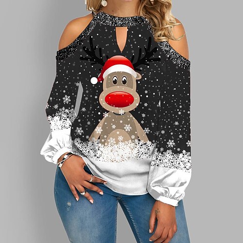 

Women's Blouse Green Blue Purple Snowman Snowflake Print Long Sleeve Christmas Daily Round Neck S