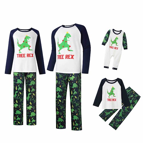 

Christmas Pajamas Family Set Ugly Letter Dinosaur Home Green Long Sleeve Mom Dad and Me Basic Matching Outfits
