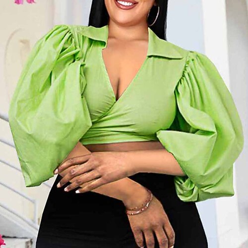 

Women's Plus Size Tops Blouse Shirt Plain Lace up Long Sleeve Shirt Collar Elegant Sexy Vacation Work Cotton Fall Winter Green
