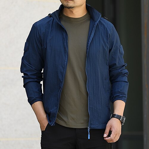 

Men's Jacket Waterproof Durable Casual / Daily Outdoor Daily Wear Vacation Zipper Hooded Comfort Leisure Jacket Outerwear Solid / Plain Color Pocket UV Protection khaki Blue Gray
