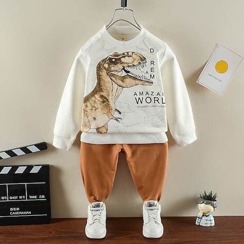 

2 Pieces Toddler Boys Sweatshirt & Pants Outfit Letter Dinosaur Long Sleeve Cotton Set Outdoor Active Daily Winter Fall 3-7 Years Green Brown Navy Blue