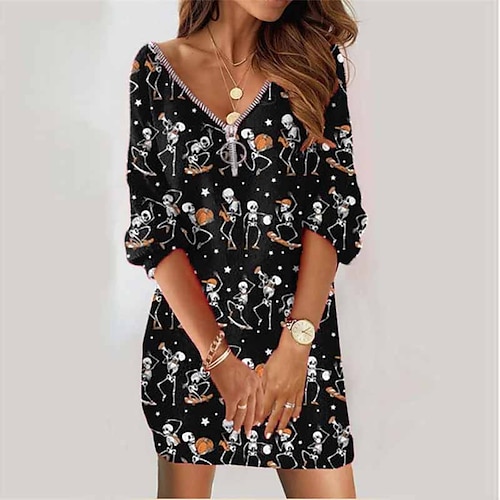 

Women's Sweatshirt Dress Winter Dress Black Long Sleeve Zipper Print Winter Fall V Neck Vacation Casual Fall Dress Loose Fit 2022 S M L XL XXL 3XL / Halloween / Skull