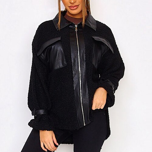 

Women's Teddy Coat Windproof Warm Outdoor Street Daily Vacation Patchwork Zipper Pocket Zipper Turndown Fashion Modern Street Style Color Block Regular Fit Outerwear Long Sleeve Winter Fall Black
