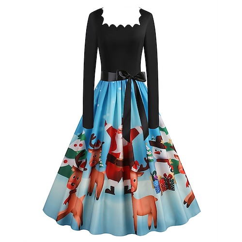 

vestido vintage de navidad para mujer vestido swing mini vestido negro rosa azul oscuro rojo azul marino azul claro manga larga santa claus elk muñeco de nieve con cinturón estampado invierno otoño