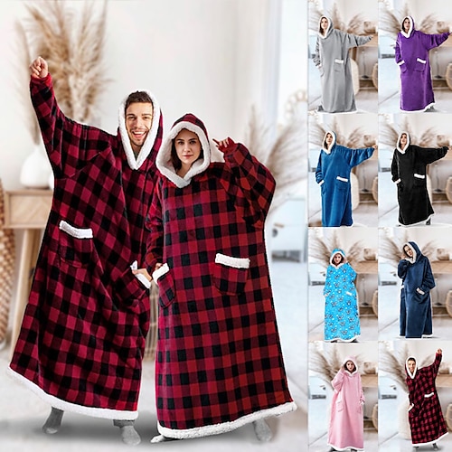 

Women's Couple's Pajamas Nightgown Wearable Blanket Hoodie Blanket Grid / Plaid Pure Color Warm Comfort Oversized Home Christmas Fleece Gift Hoodie Long Sleeve Winter Fall Lake blue Green