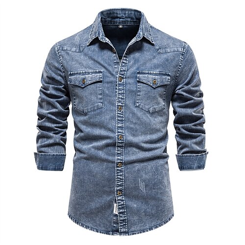 

Men's Denim Shirt Solid Color Collar Black Blue Daily Holiday Clothing Apparel Denim Fashion Streetwear Casual