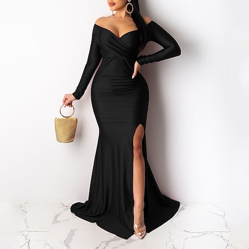 

abito da festa formale da donna tubino nero manica lunga colore puro increspato autunno inverno autunno off spalla abito invernale party party fall dress 2023 s m l xl 2xl