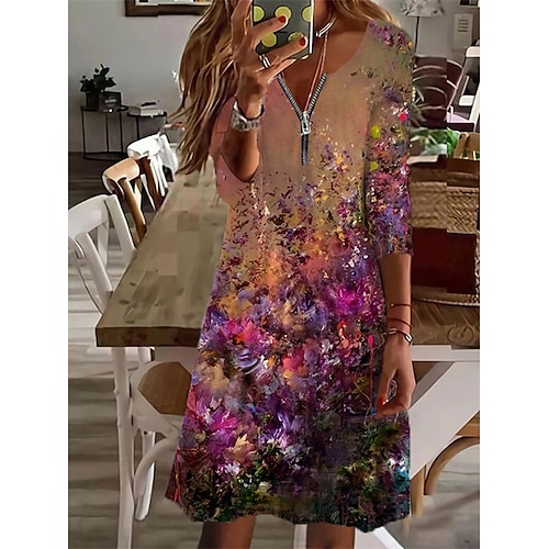 

Women's Casual Dress Shift Dress Green Purple Long Sleeve Floral Zipper Winter Fall Autumn V Neck Winter Dress Weekend Fall Dress 2022 S M L XL 2XL 3XL 4XL 5XL 6XL