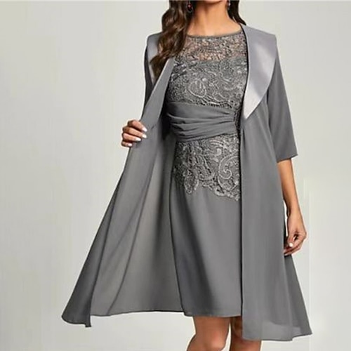 

Women's Lace Dress Dress Set Knee Length Dress Gray Half Sleeve Pure Color Lace Fall Winter Crew Neck Elegant Mature 2022 S M L XL XXL 3XL
