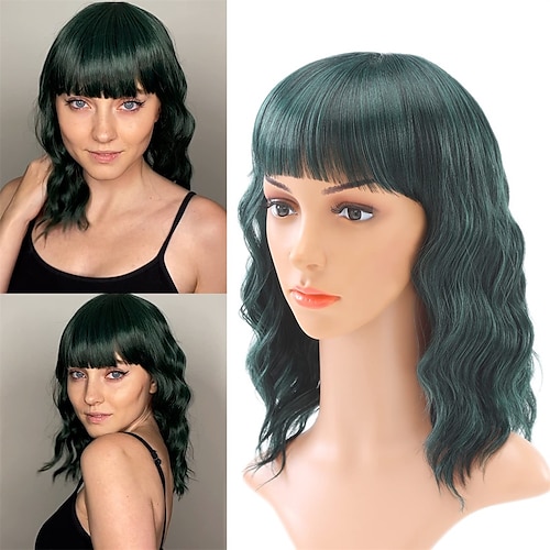 

Dark Green Wig for Women with Bangs Short Wavy Curly Bob Wigs 14 Inch Shoulder Length Synthetic Heat Resistant Wig Daily Party Christmas Party Wigs