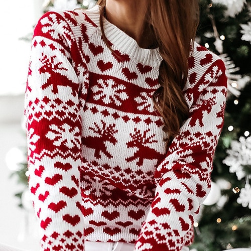 

Women's Ugly Sweater Pullover Sweater jumper Jumper Ribbed Knit Knitted Elk Crew Neck Stylish Casual Outdoor Christmas Winter Fall Red White S M L / Long Sleeve
