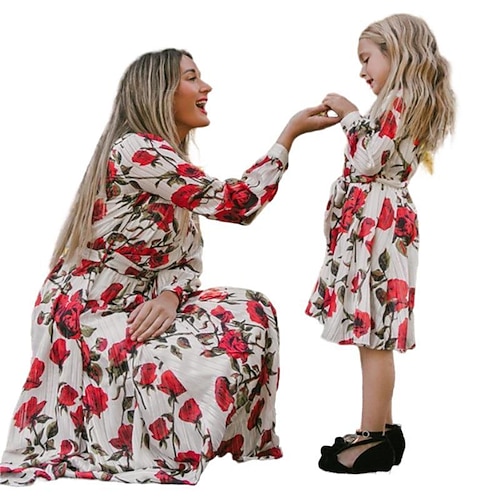 

Mommy and Me Dresses Floral Causal Pink Long Sleeve Midi Daily Matching Outfits