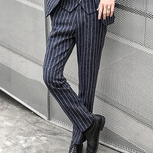 

Men's Dress Pants Ankle-Length Inelastic Slim Fit Stripe Blue Light Grey Ivory 2022