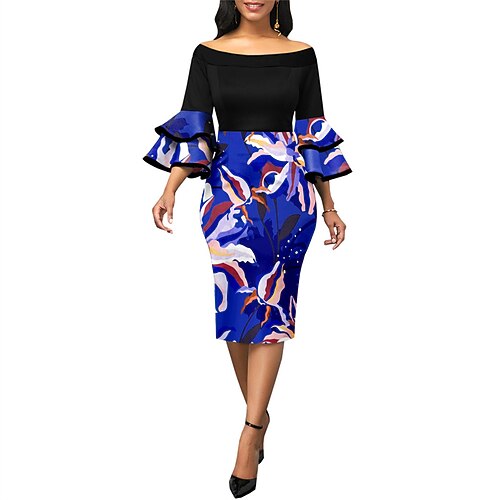 

Women's Bodycon Sheath Dress Midi Dress Blue 3/4 Length Sleeve Patchwork Winter Fall Autumn Off Shoulder Slim 2022 S M L XL 2XL