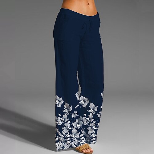 

Women's Wide Leg Pants Trousers rice white Blue Dark navy Fashion Soft Christmas Casual Weekend Wide Leg Print Micro-elastic Full Length Comfort Flower / Floral S M L XL XXL