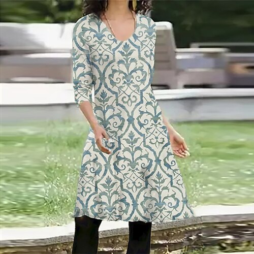 

Women's Casual Dress T Shirt Dress Tee Dress Light Blue Long Sleeve Floral Pocket Print Winter Fall V Neck Vacation Casual Fall Dress Loose Fit 2022 S M L XL XXL 3XL / Winter Dress