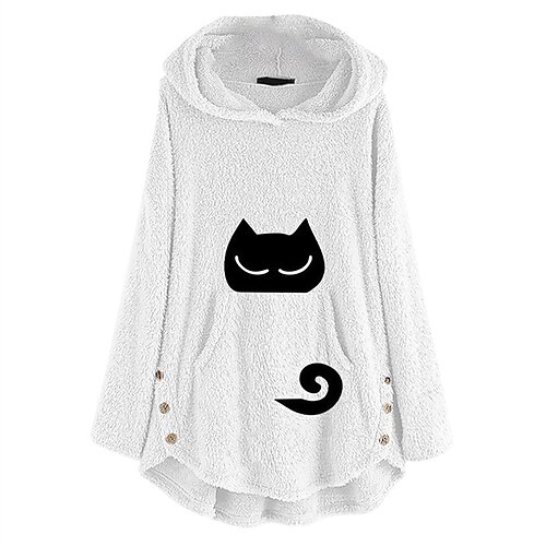 

Women's Sherpa jacket Fleece Jacket Teddy Coat Windproof Warm Outdoor Street Daily Vacation Button Pocket Print Pullover Hoodie Fashion Modern Street Style Cat Regular Fit Outerwear Long Sleeve