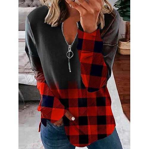 

Women's Sweatshirt Pullover Basic Zipper Black Plaid Street V Neck Long Sleeve S M L XL XXL XXXL