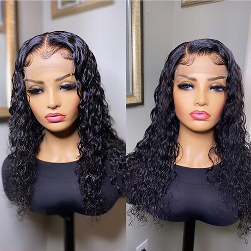 

Unprocessed Virgin Hair 13x4 Lace Front Wig Free Part Brazilian Hair Curly Water Wave Black Wig 130% 150% Density with Baby Hair Natural Hairline 100% Virgin Glueless Pre-Plucked For Women Long Human