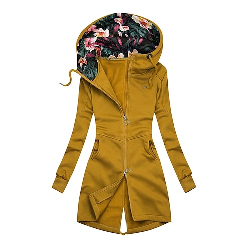 

Women's Plus Size Coat Pocket Zip Up Floral Outdoor Causal Long Sleeve Hooded Long Fall Winter Green Yellow Dark Blue L XL XXL 3XL 4XL