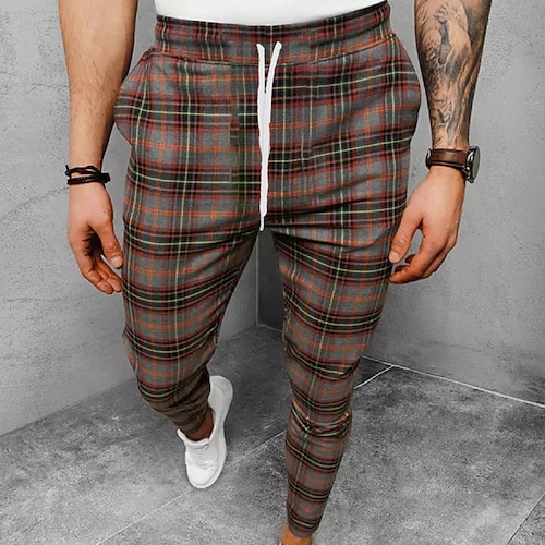 

Men's Joggers Trousers Casual Pants Plaid Drawstring Trousers Pocket Elastic Waist Grid / Plaid Comfort Soft Daily Holiday Streetwear Casual Purple Khaki Micro-elastic / Elasticity