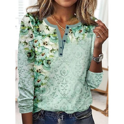 

Women's T shirt Tee Green Floral Print Long Sleeve Home Casual Basic U Neck Regular Floral S