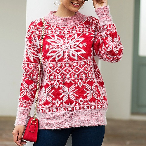 

Women's Ugly Christmas Sweater Pullover Sweater Jumper Ribbed Knit Knitted Snowflake Crew Neck Stylish Casual Outdoor Christmas Winter Fall Blue Pink S M L / Long Sleeve / Weekend / Holiday