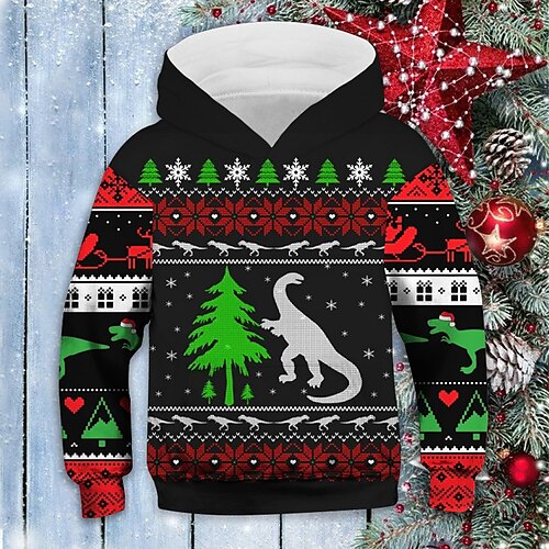 

Kids Boys Ugly Christmas Hoodie Pullover Santa Claus Dinosaur Christmas Tree Long Sleeve Pocket Children Top Casual Hoodie Cool Adorable Green Black Winter 7-13 Years