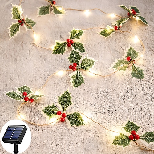 

Christmas Red Fruit Leaves Fairy String Lights 4.5m 50LED Solar Powered Outdoor Waterproof Garden Lights 8 Modes Lighting Xmas Party Holiday Wedding Patio Decorative Light