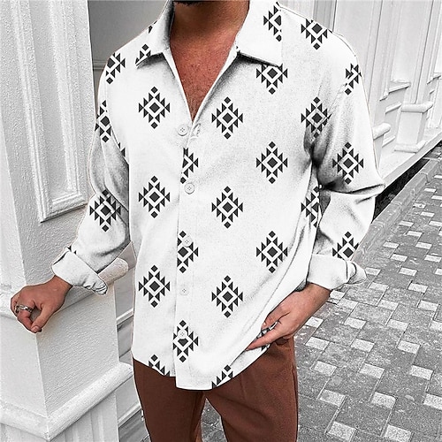 

Men's Shirt Graphic Prints Geometry Turndown Black White 3D Print Outdoor Street Long Sleeve Button-Down Print Clothing Apparel Vintage Designer Ethnic Style Casual