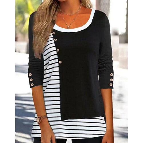 

Women's Shirt Black Striped Button Print Long Sleeve Casual Weekend Streetwear Round Neck Regular S