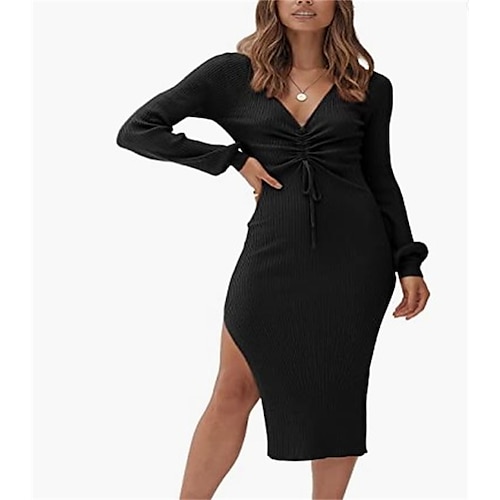 

Women's Cocktail Dress Bodycon Sheath Dress Midi Dress Light Blue claret ArmyGreen Long Sleeve Pure Color Ruched Winter Fall Autumn Deep V Fashion Wedding Winter Dress Wedding Guest Slim 2022 S M L XL