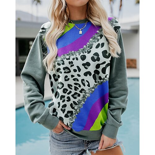 

Women's Sweatshirt Casual Light Green Khaki Army Green Geometric Casual Round Neck Long Sleeve S M L XL 2XL 3XL