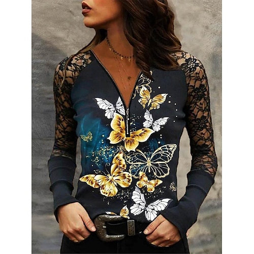 

2022 spring cross-border european and american women's clothing independent station amazon ebay v-neck zipper print stitching lace long-sleeved t-shirt