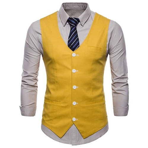 

Men's Casual Vest Solid Color Tailored Fit V Neck Single Breasted More-button Green Black Yellow 2022