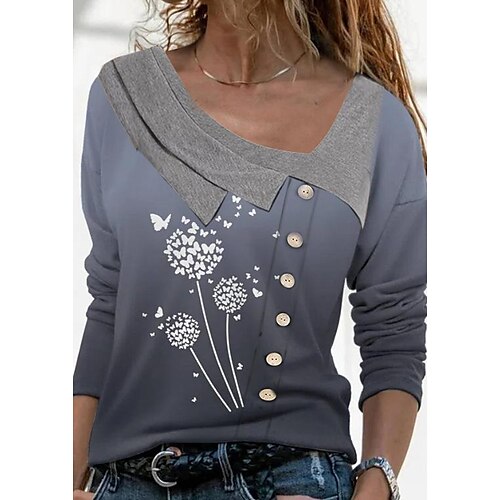 

Women's Shirt Gray Butterfly Dandelion Button Print Long Sleeve Casual Holiday Basic V Neck Regular Floral Butterfly S